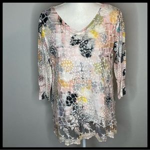 Impulse California Lace Weave, 3/4 Sleeve Sheer Top With Lace Trim Accen…